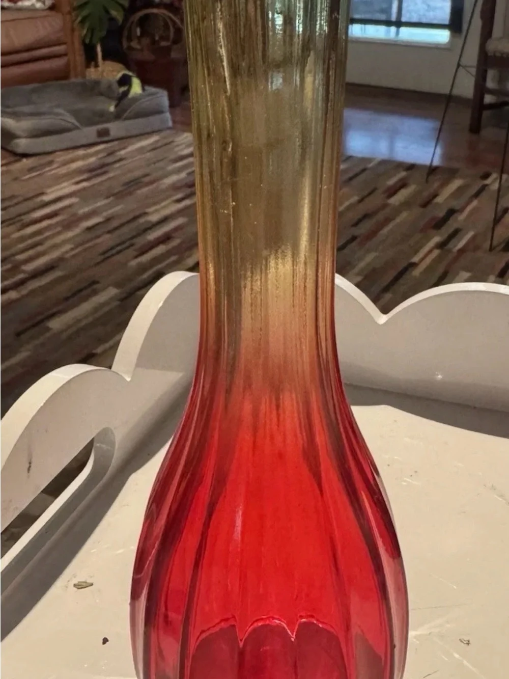 Vtg Ruby Red Anchor Hocking Ribbed Glass Vase 6.5” & Jeanette Fading Yellow/red